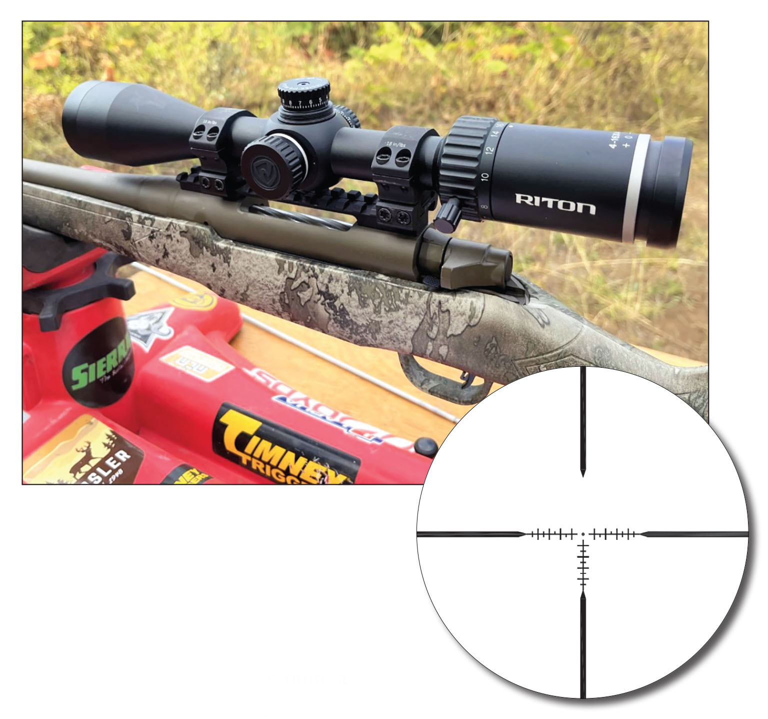 Above, the Riton Optics 1 Primal 4-16x 44mm riflescope is ruggedly constructed and includes sharp optics, but it also includes a highly-affordable price tag. It is truly a bargain in hunting optics. Right, Riton’s RUT reticle is hunt ready, including a floating .5-MOA center aiming dot, a wide-open top, eight 1-MOA subtensions running down the vertical wire and eight to each side of the center dot.
